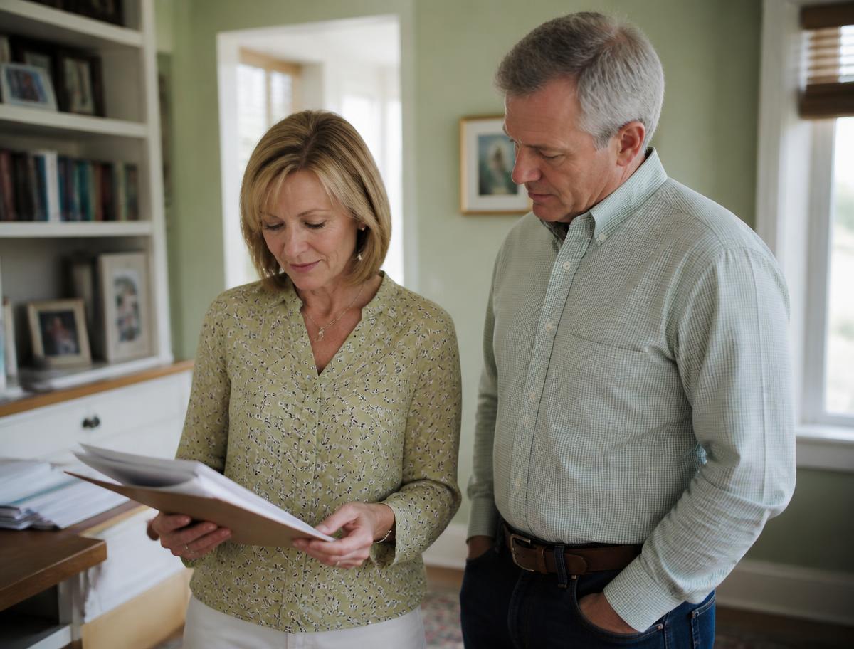 A couple at home looking through a folder of household paperwork