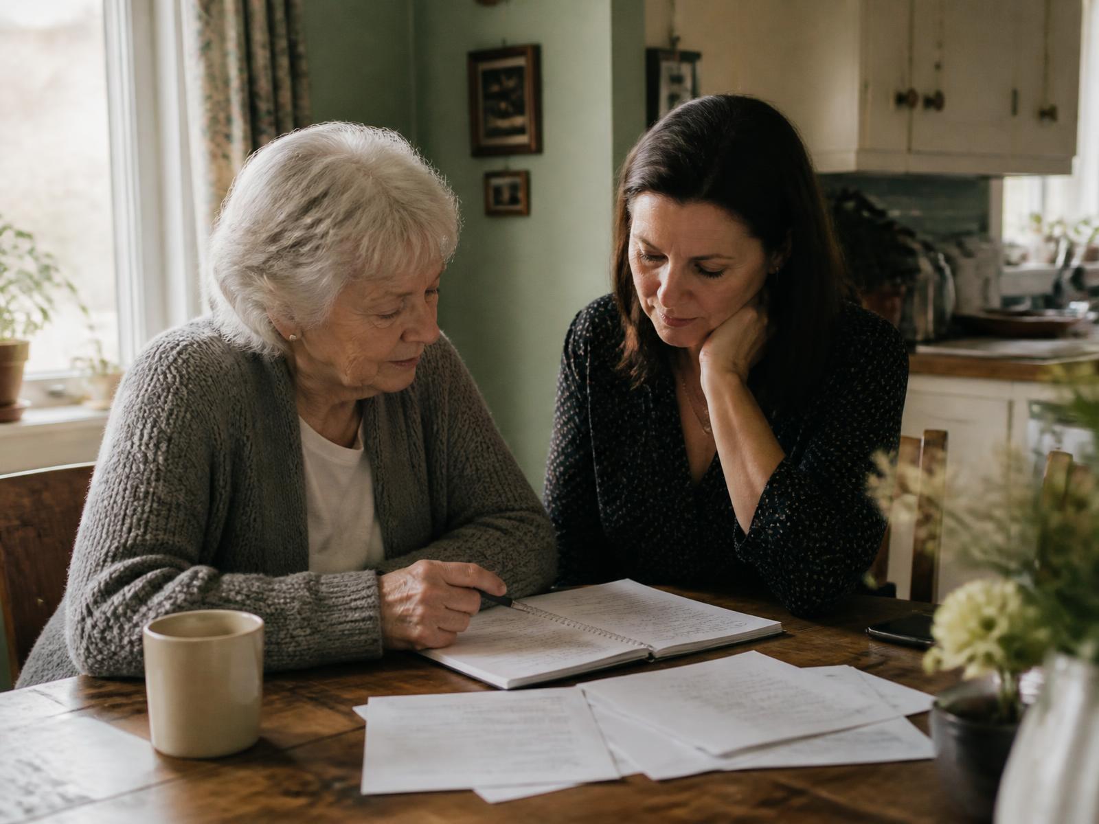 A mother and her adult daughter reviewing paperwork together at a kitchen table
